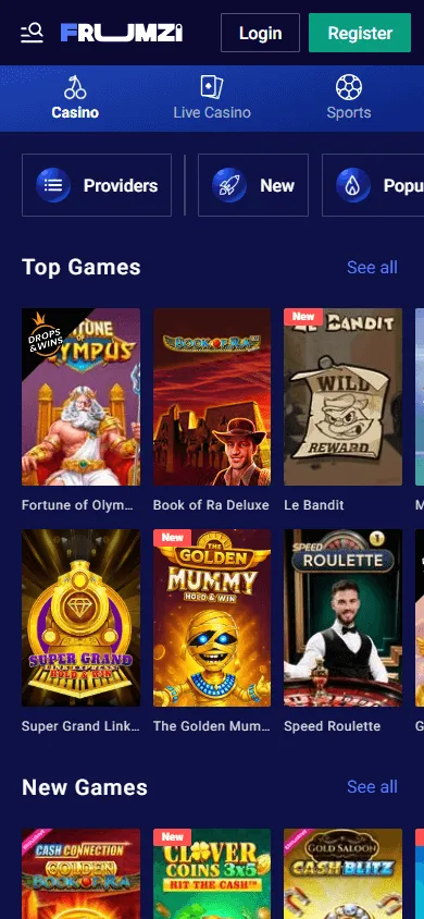 Frumzi Casino games experience on a mobile phone