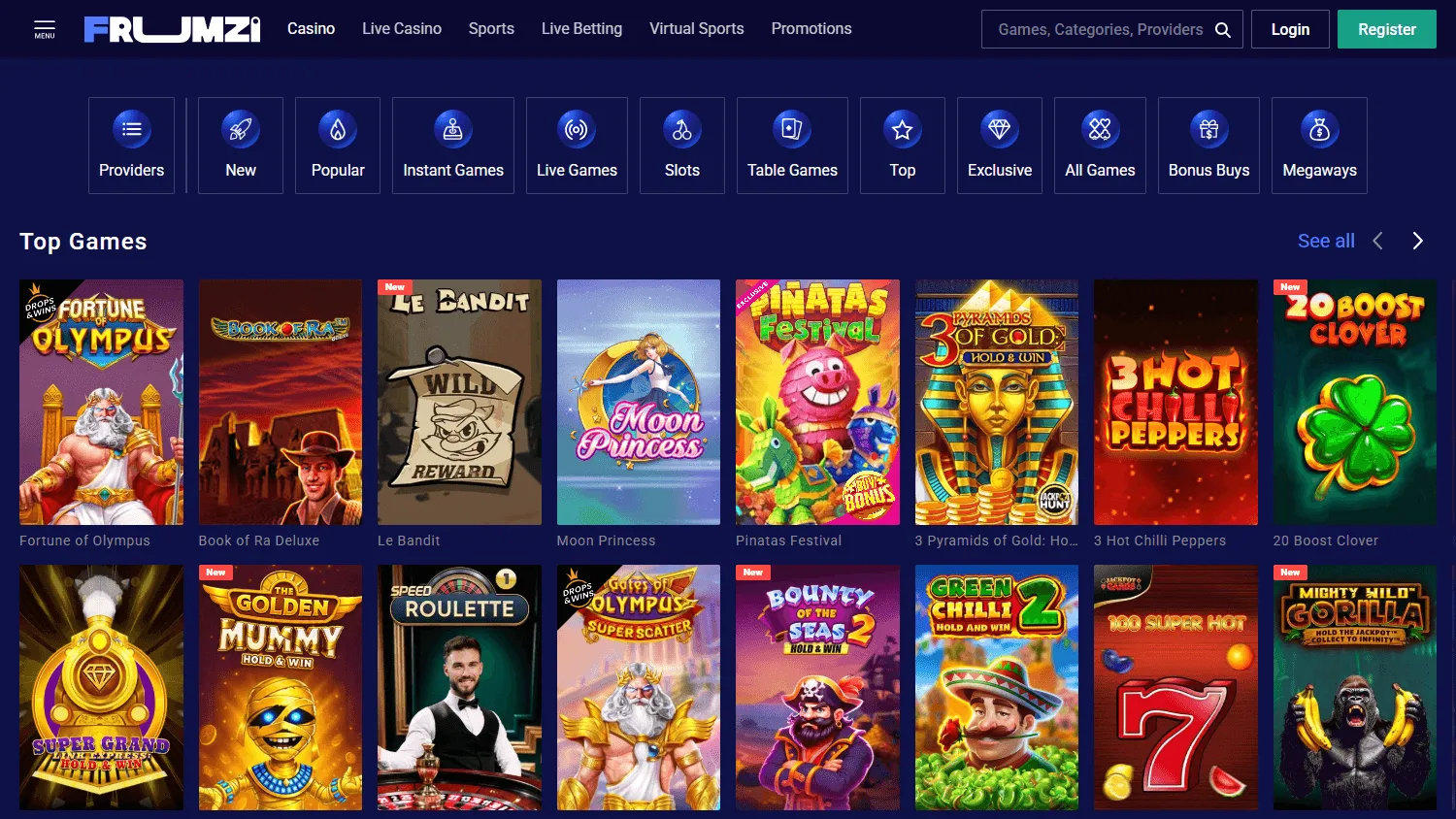 Frumzi Casino games experience on desktop