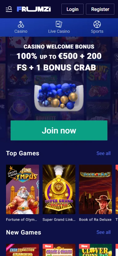 Frumzi Casino home experience on a mobile phone