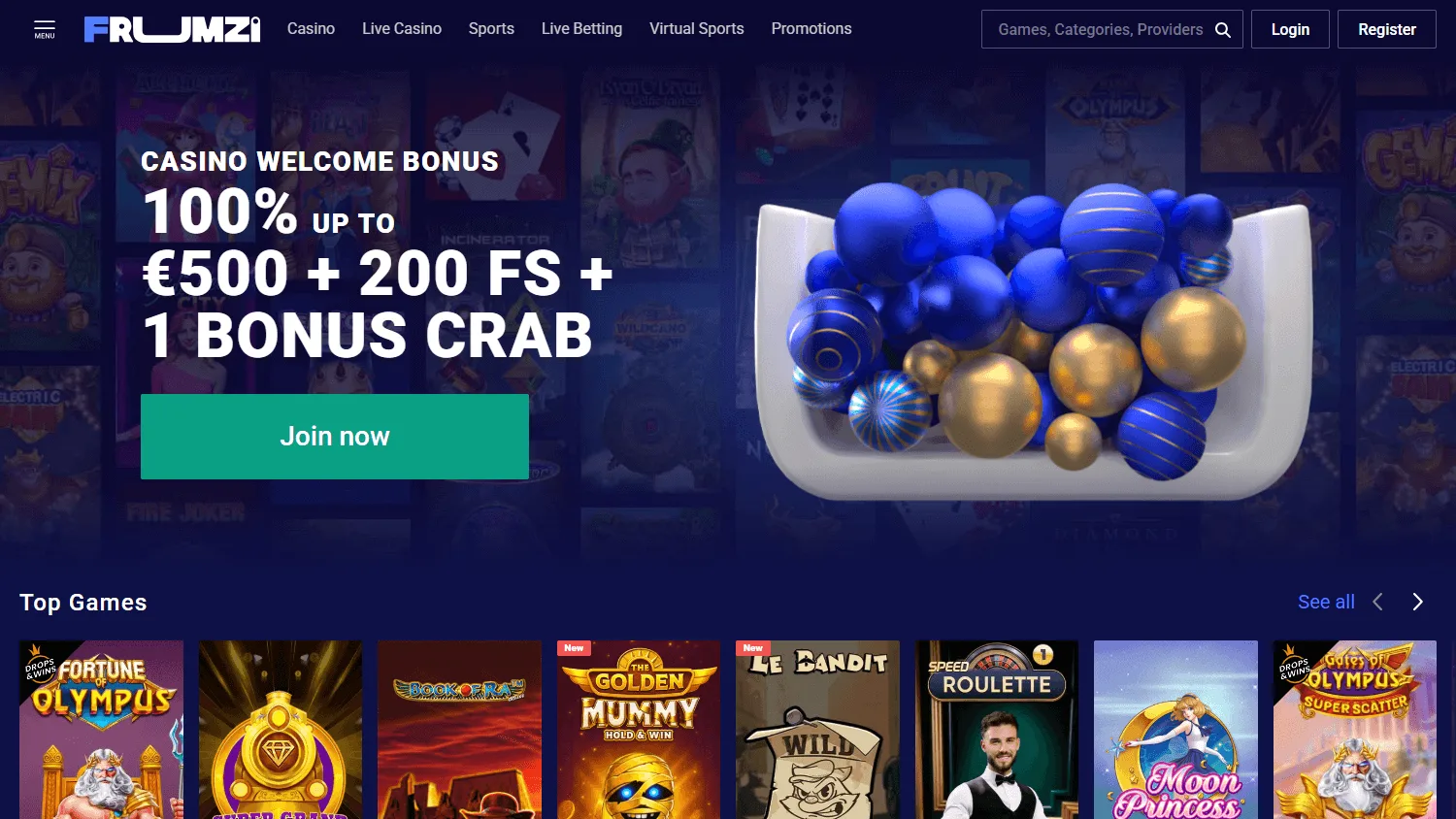 Frumzi Casino home experience on desktop