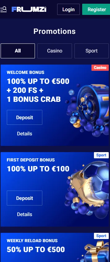 Frumzi Casino promotions experience on a mobile phone